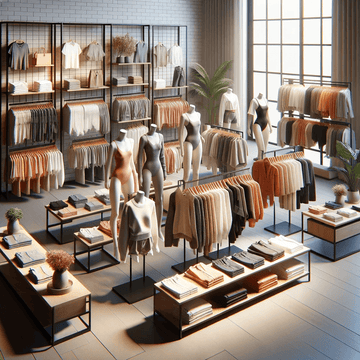 A well-organized fashion store interior showcasing a diverse range of clothing items including leotards, T-shirts, skirts, suits, sweaters, dresses, shorts, and pants, all neatly arranged on shelves and racks.