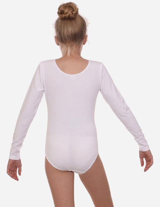 Back view of a young gymnast in a seamless white leotard with long sleeves on a white backdrop.