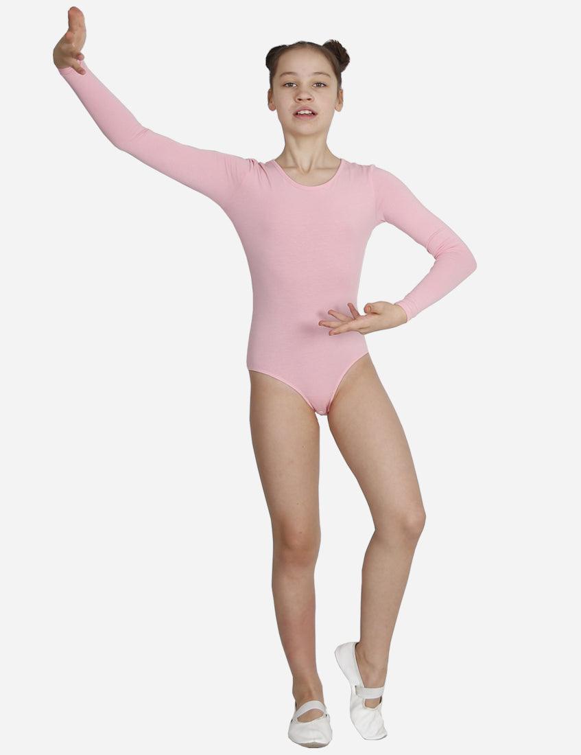 Young ballet student in a zipped pink leotard with ballet bun from the rear