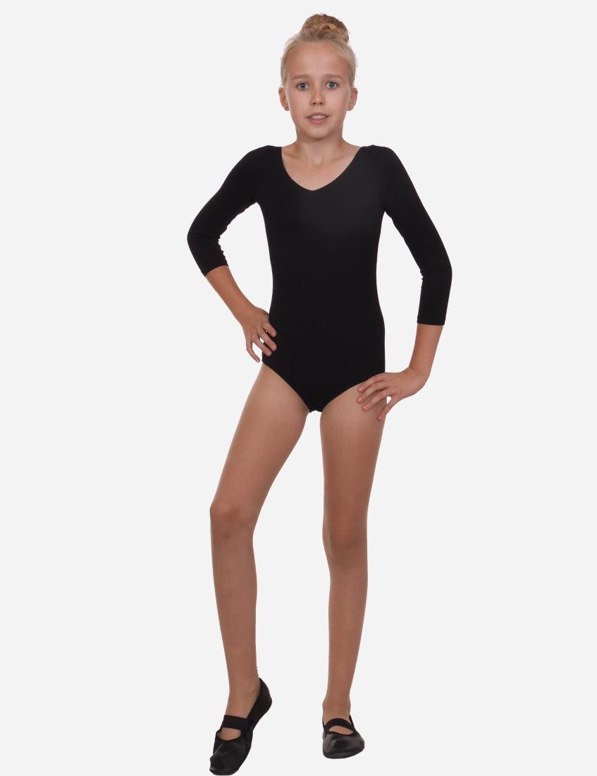 Young girl posing in a black half-sleeve leotard front view with hands on hips on white background