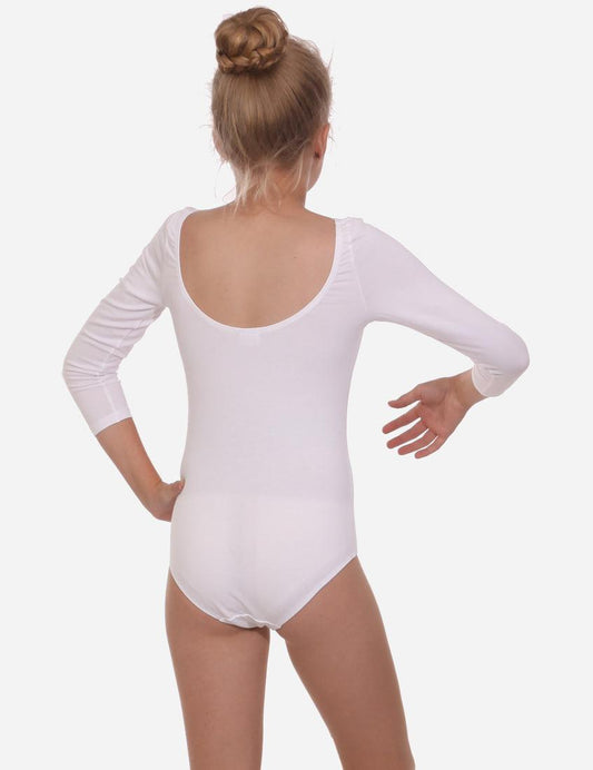 Rear view of a white leotard with half sleeves on a young dancer, showcasing the scoop back and hair styled in a bun.