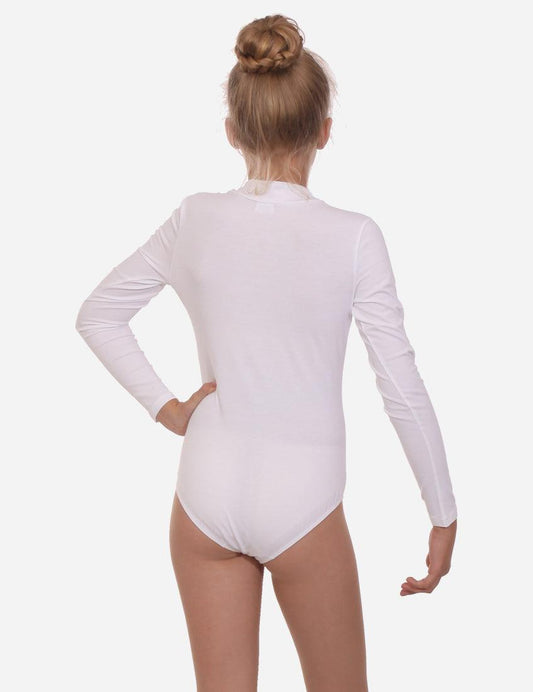 Back view of a girl wearing a white mock neck leotard with a hair bun, illustrating the design of the leotard.