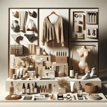 A sophisticated display of women's fashion and beauty items, featuring lingerie, knitwear, accessories, skincare, and makeup products all in a harmonious neutral color scheme.