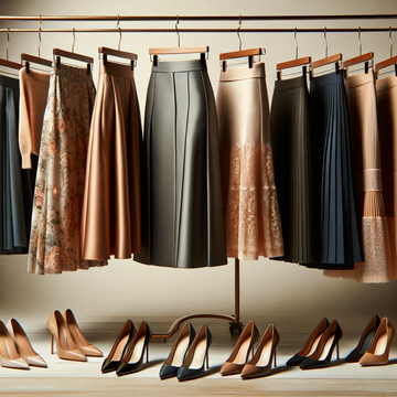 Elegant display of women's skirts in various styles and colors, with matching high heels lined up below on a wooden floor, showcasing fashion options.