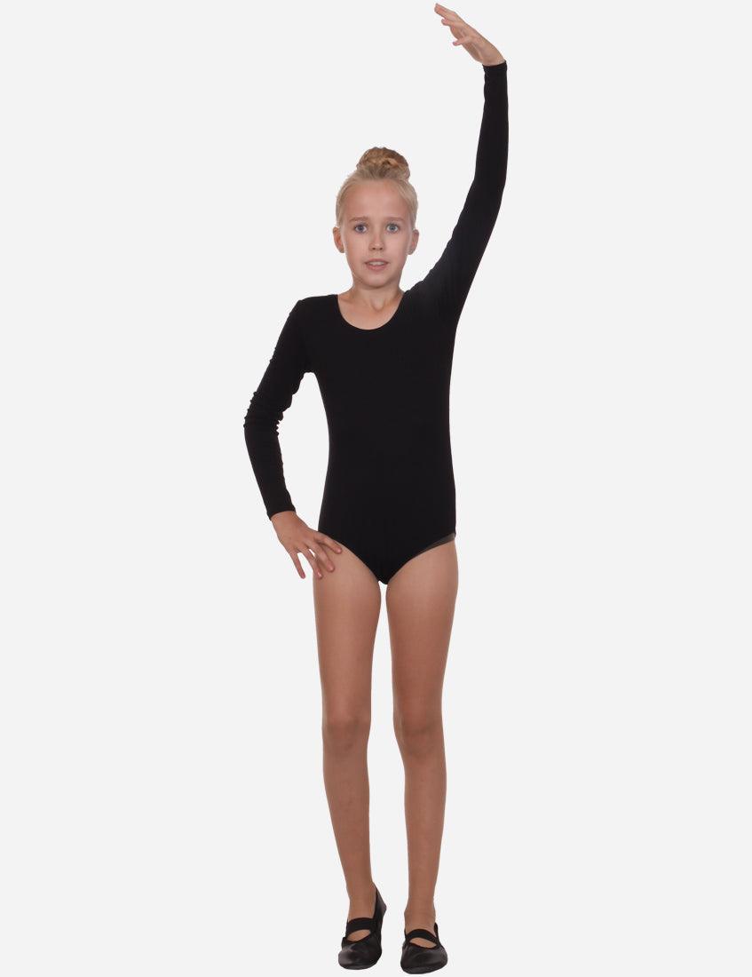 Young gymnast extending arm in a black long-sleeve leotard standing straight, isolated on white.