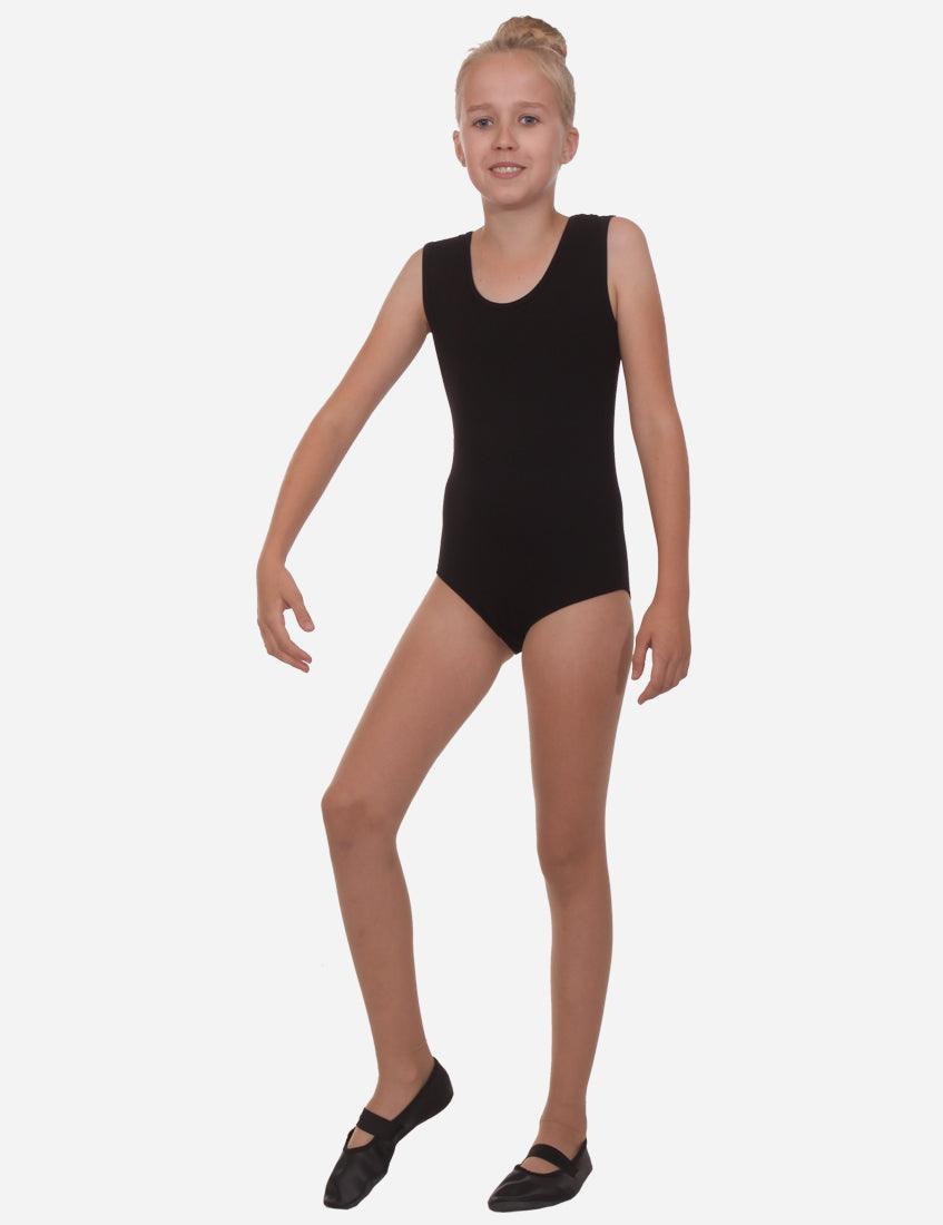 Young gymnast in a sleeveless black leotard with a confident stance, white background.