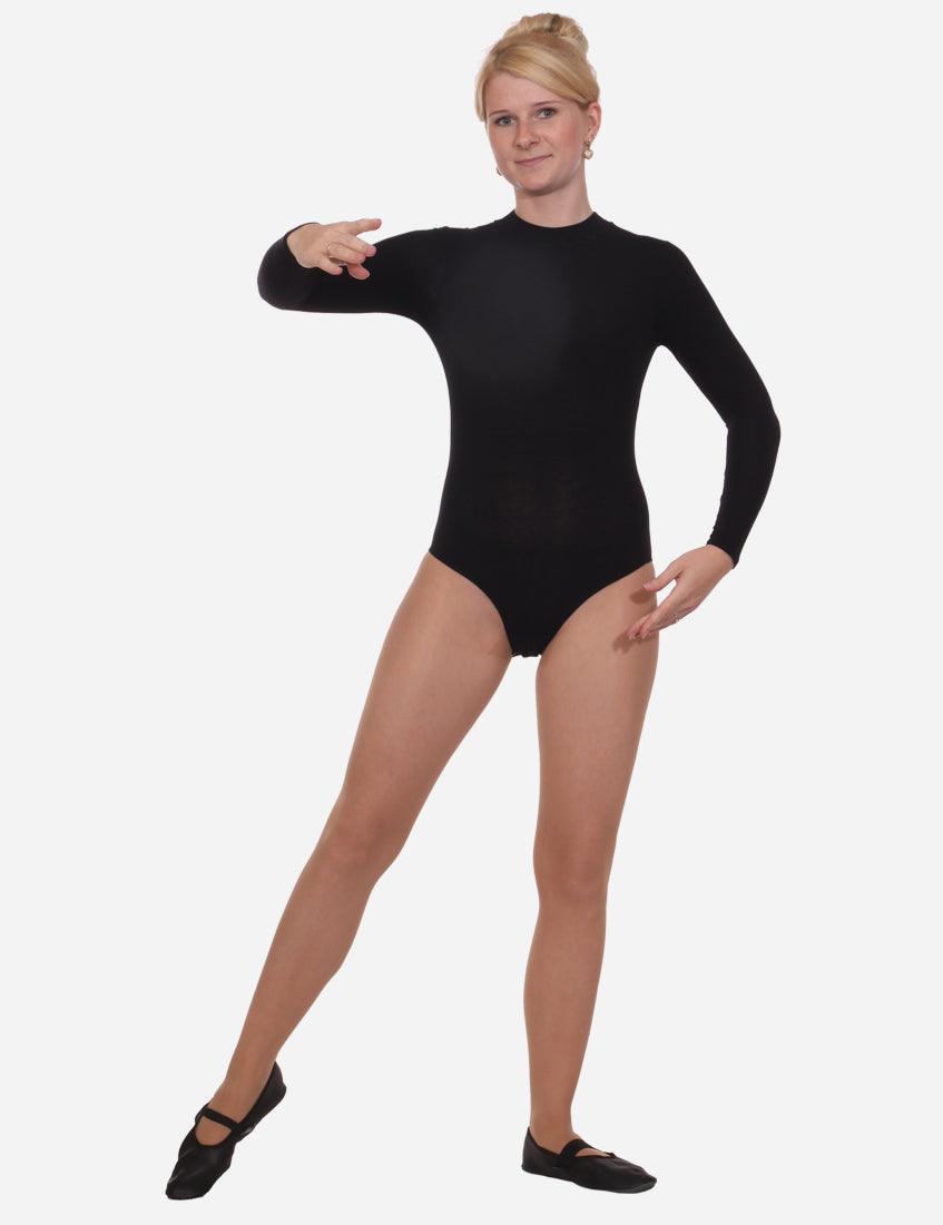 Rear view of a dancer wearing a black leotard with a mock neck, hair styled in a bun, showcasing the back design.