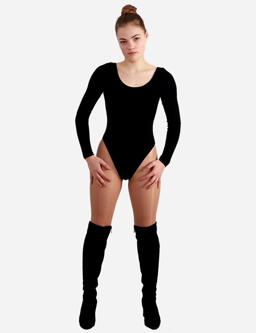 Female model presenting a black leotard with full sleeves, suitable for various athletic activities.