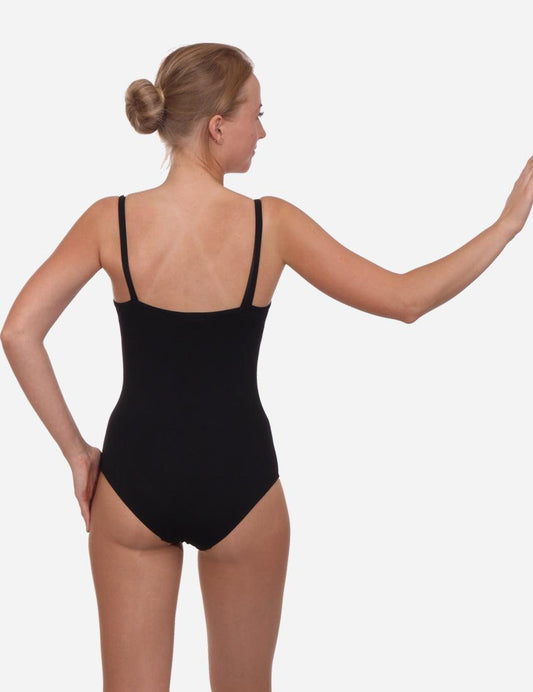 Rear view of a woman wearing a black leotard with straps, showcasing the sleek design against a plain background.