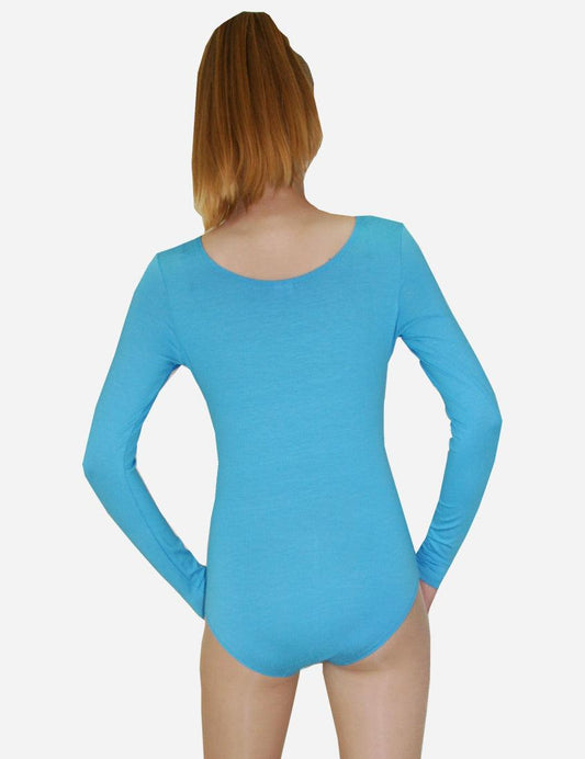 Rear view of a blue long-sleeved leotard worn by a dancer, with a focus on the fit and sleeve length.