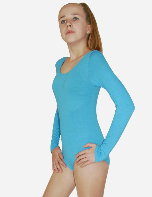 Female dancer in a bright blue long-sleeved leotard, focusing on the vibrant color and long sleeve detail.