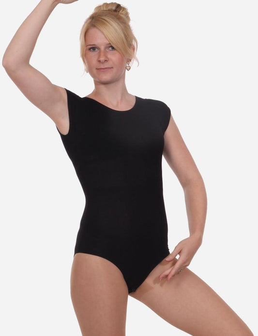 Woman in black leotard with dropped shoulders and three-quarter sleeves posing with arm raised, on white background.