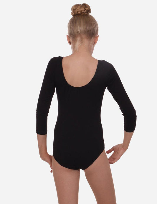 Back view of a girl in a black half-sleeve leotard with a hair bun on white background