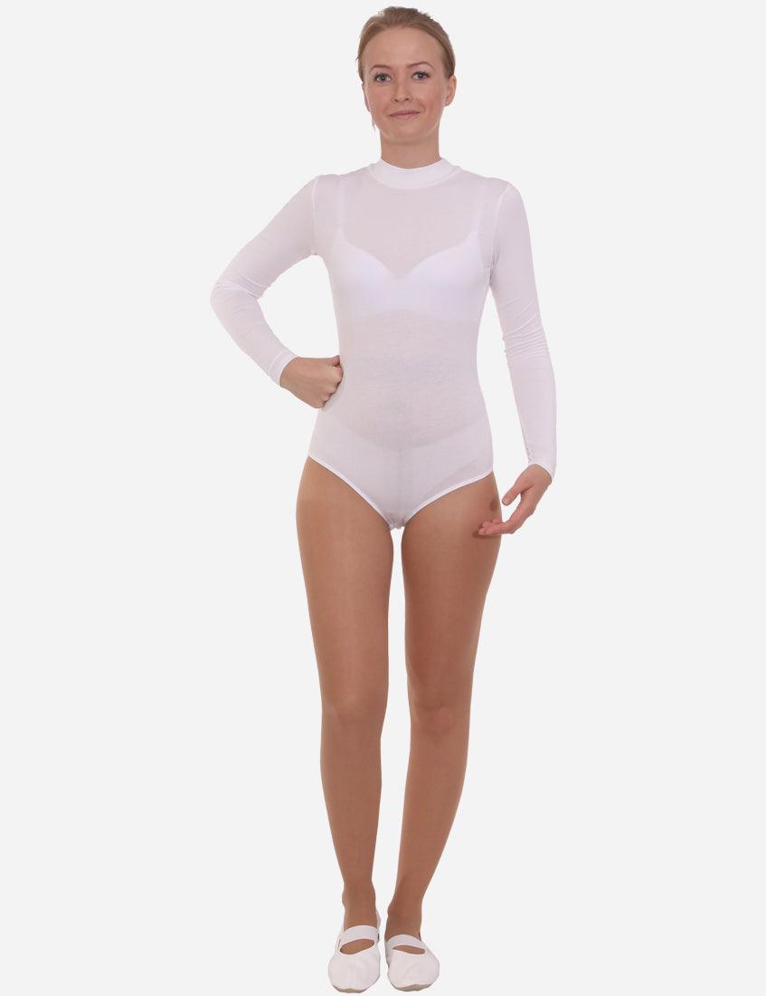 Dancer in a trendy white mock neck leotard with long sleeves, posing with hands on hips and white ballet shoes.