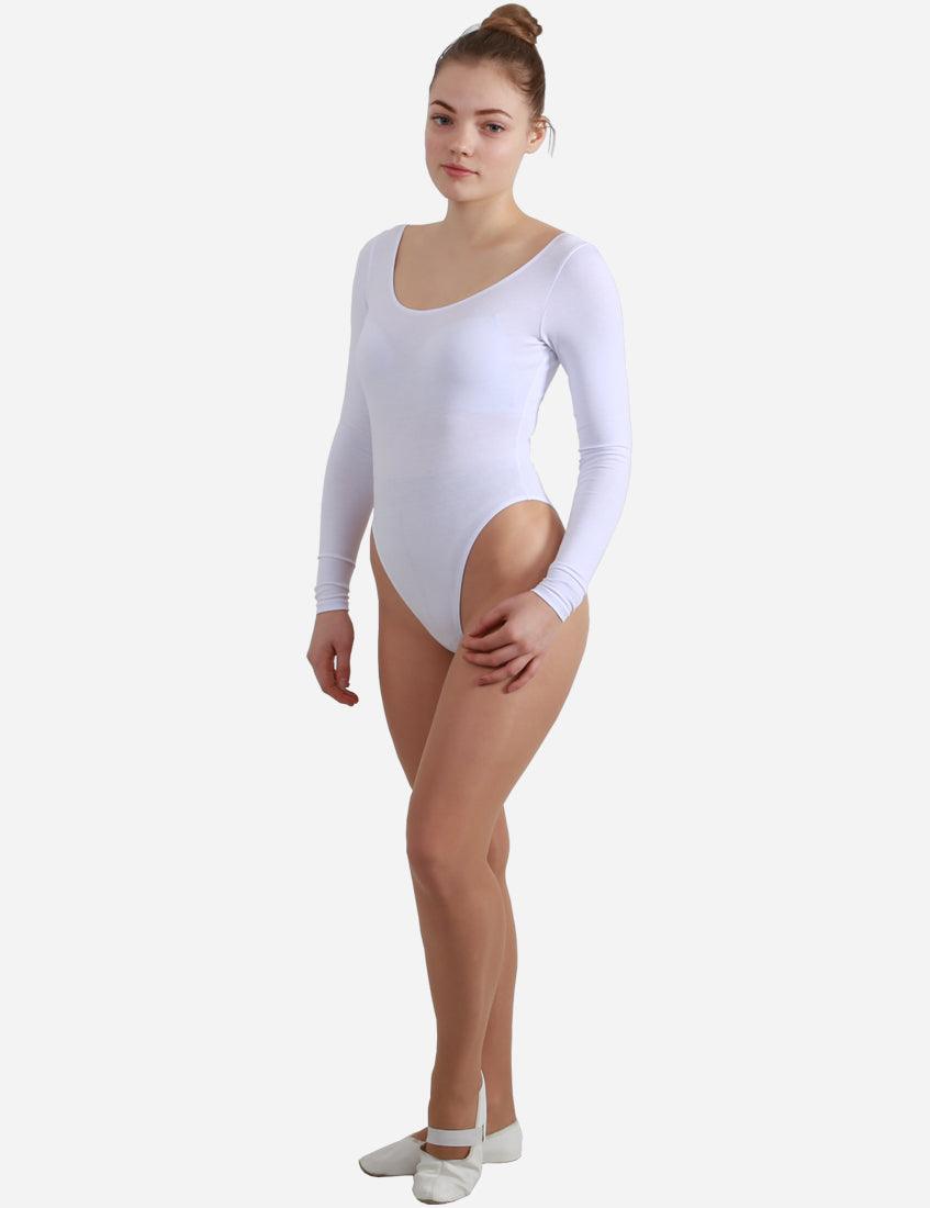 Elegant white long-sleeved leotard for women, front view.