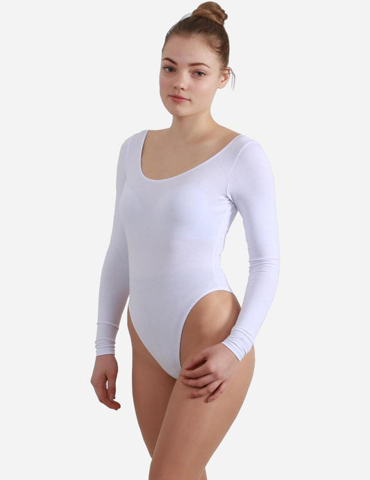 Side profile of a white women's leotard with long sleeves, highlighting the fit.