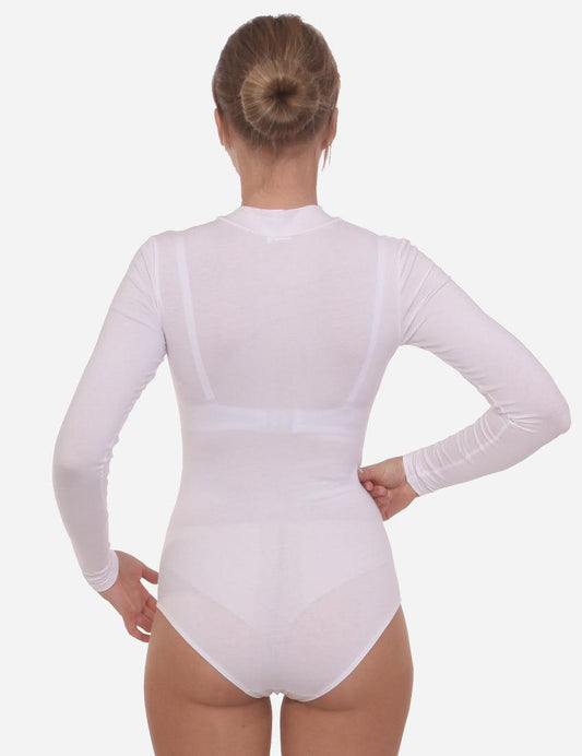 Back view of a white mock neck leotard with a transparent back, worn by a dancer with a bun hairstyle.