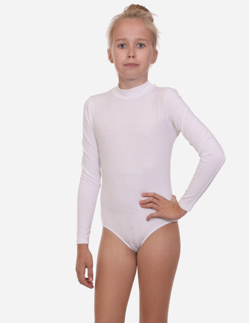 Young girl in a white mock neck leotard with long sleeves, posing with her hand on her hip and ballet slippers.