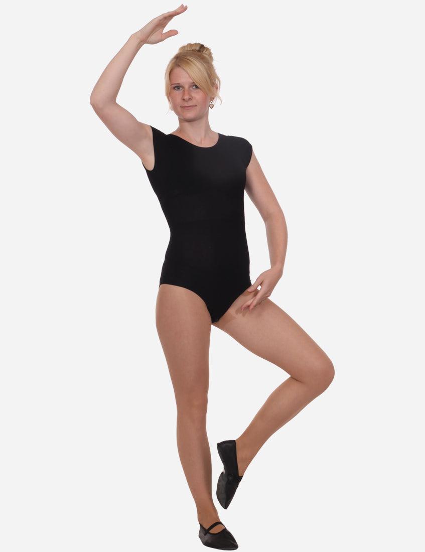 Elegant black leotard with dropped shoulders and a snug fit, featuring a woman in ballet pose, isolated on white.